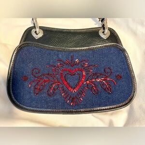 *EUC* Brighton Small Slim Purse/Bag - Black Leather w/Denim Beaded Red Heart